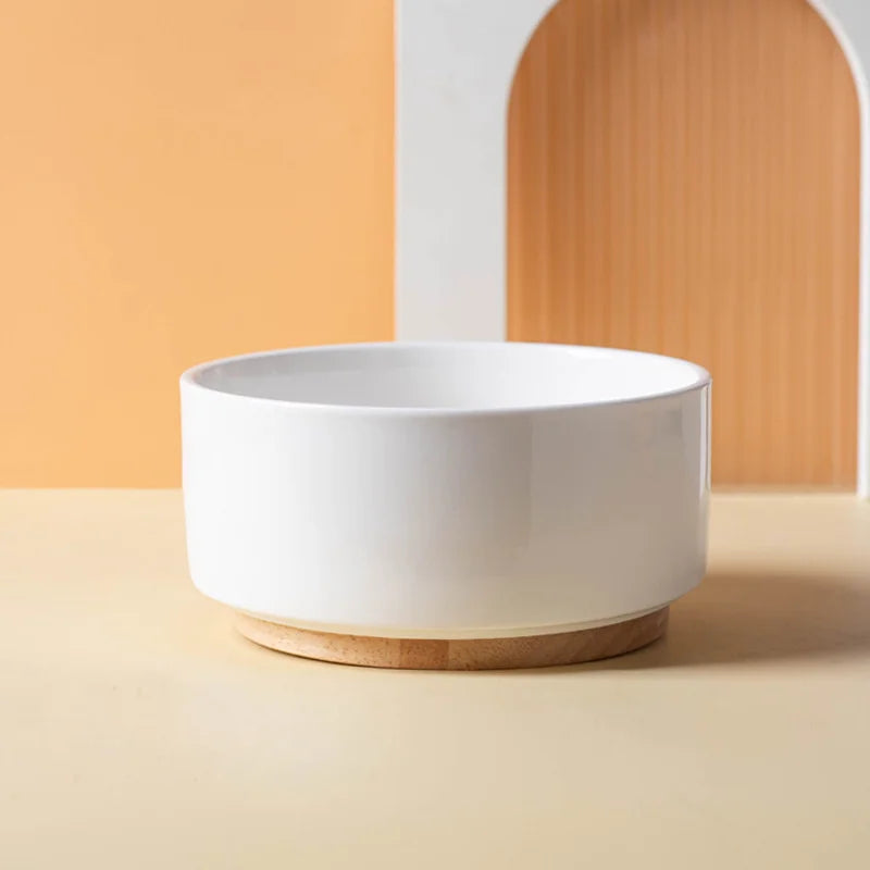 Gamelle en céramique surélevée pour chien et chat - Support bois design - Soucoupe Blanc