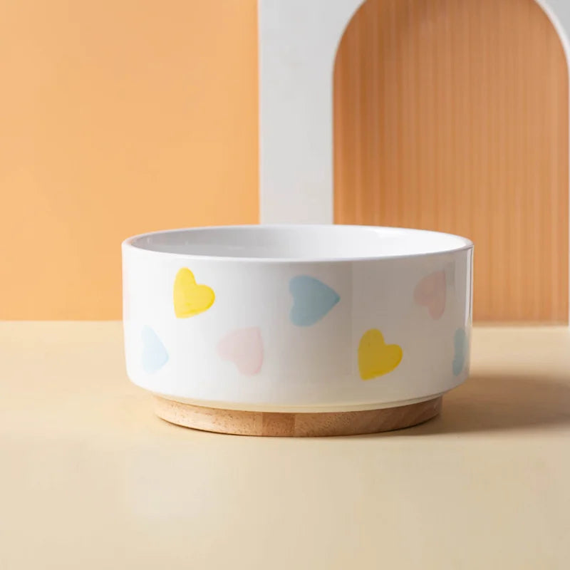 Gamelle en céramique surélevée pour chien et chat - Support bois design - Soucoupe Coeurs