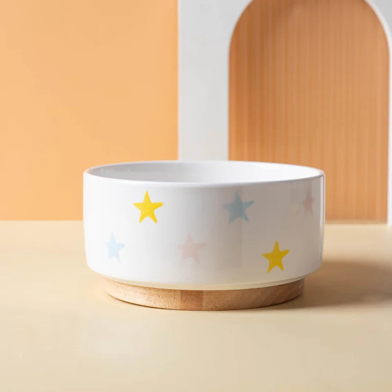 Gamelle en céramique surélevée pour chien et chat - Support bois design - Soucoupe Etoiles