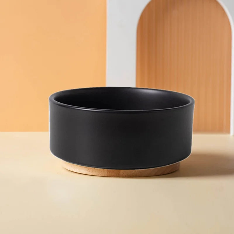 Gamelle en céramique surélevée pour chien et chat - Support bois design - Soucoupe Noir