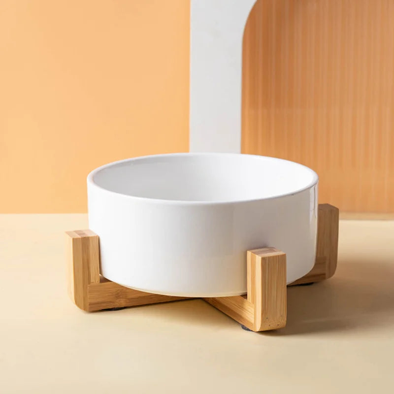 Gamelle en céramique surélevée pour chien et chat - Support bois design en U - Blanc