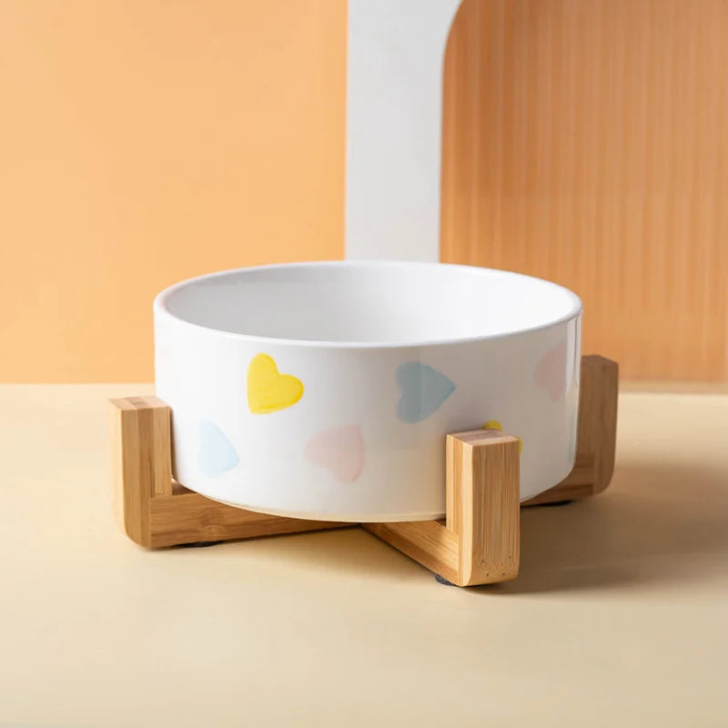 Gamelle en céramique surélevée pour chien et chat - Support bois design en U - Coeurs