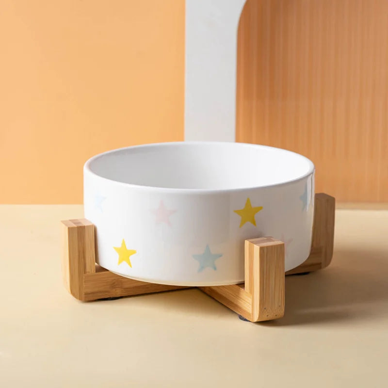 Gamelle en céramique surélevée pour chien et chat - Support bois design en U - Etoiles