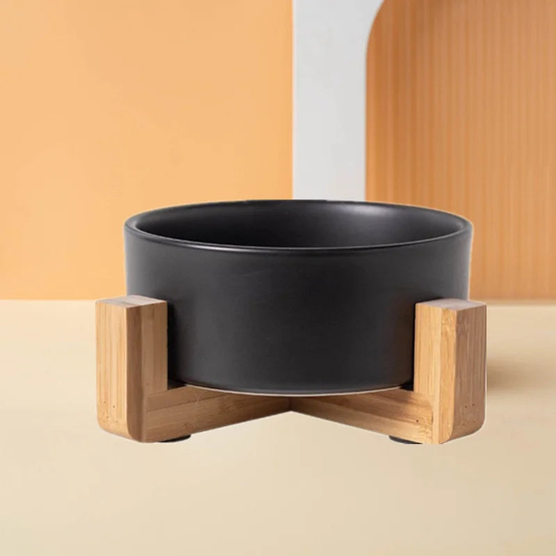 Gamelle en céramique surélevée pour chien et chat - Support bois design en U - Noir
