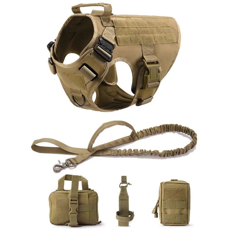 Harnais militaire tactique ajustable pour chien avec MOLLE et boucles renforcées Sable