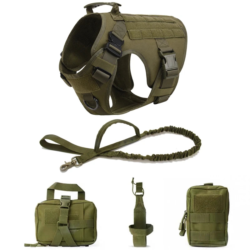Harnais militaire tactique ajustable pour chien avec MOLLE et boucles renforcées vert