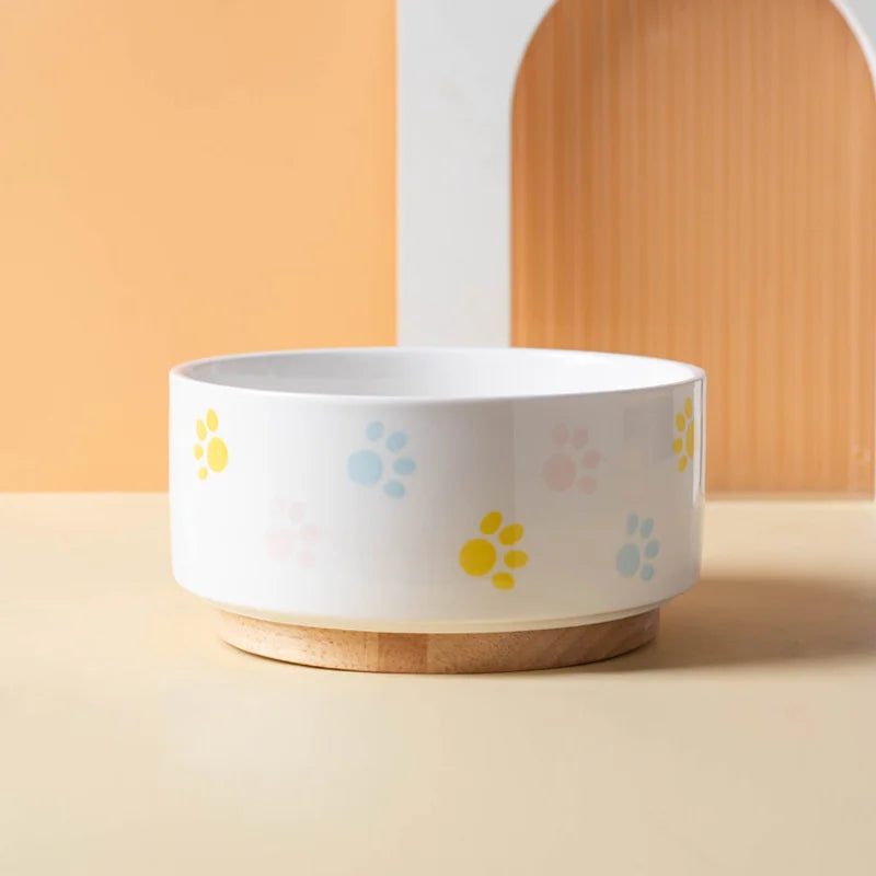Gamelle en céramique surélevée pour chien et chat - Support bois design - Soucoupe Pattes